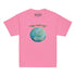 A kids azalea pink graphic t-shirt featuring the Sacred Planet iteration of the Reach Of The Spirit Celtic knot design under a message reading "Happy Earth Day".
