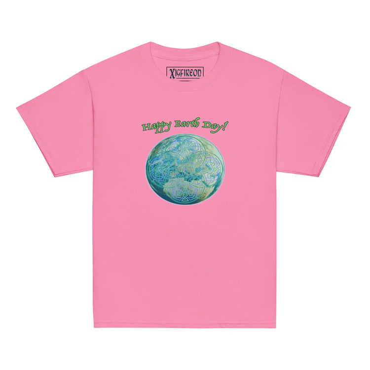 A kids azalea pink graphic t-shirt featuring the Sacred Planet iteration of the `Reach Of The Spirit` Celtic knot design under a message reading "Happy Earth Day".