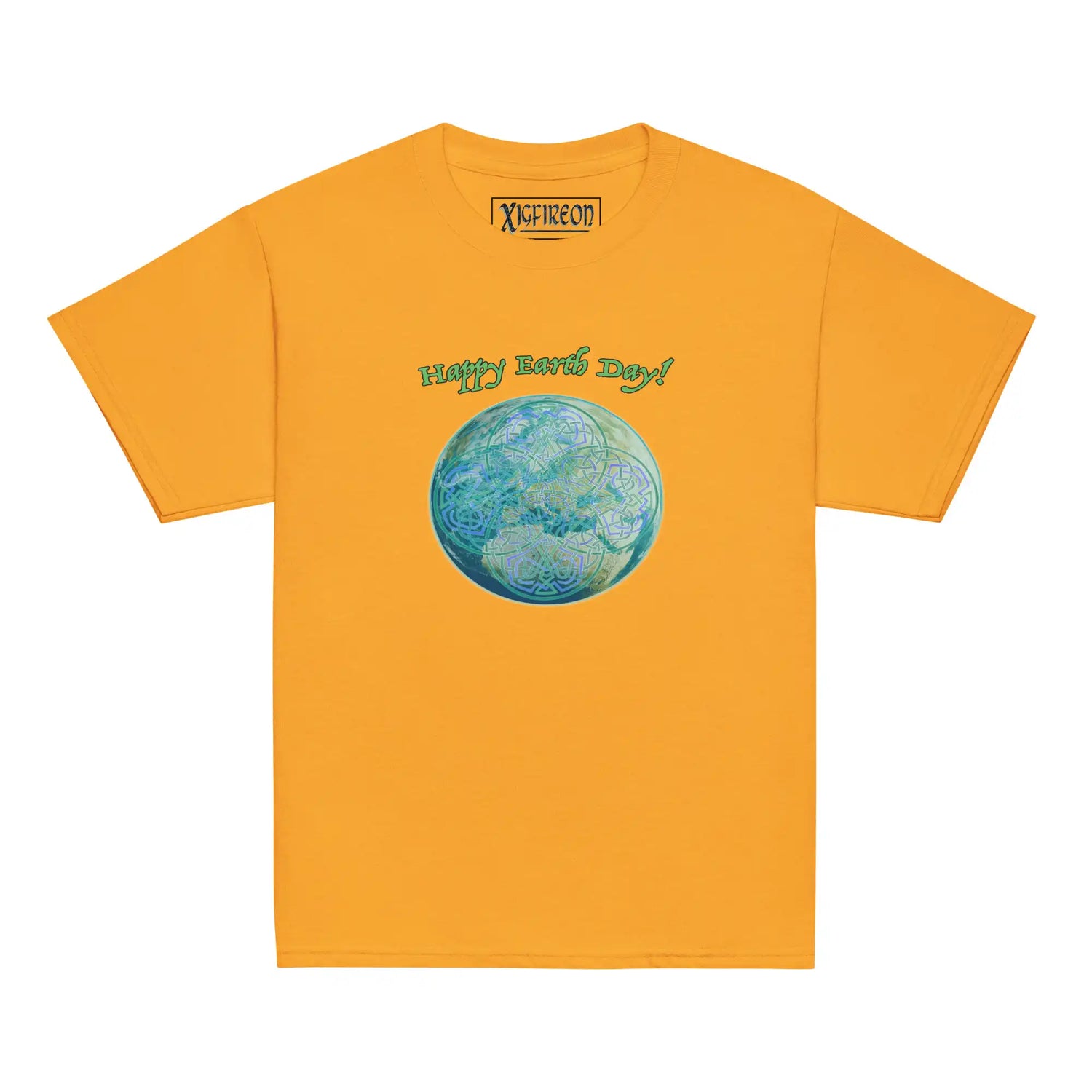 A kids gold graphic t-shirt featuring the Sacred Planet iteration of the `Reach Of The Spirit` Celtic knot design under a message reading "Happy Earth Day".