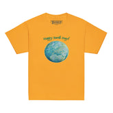 A kids gold graphic t-shirt featuring the Sacred Planet iteration of the `Reach Of The Spirit` Celtic knot design under a message reading "Happy Earth Day".