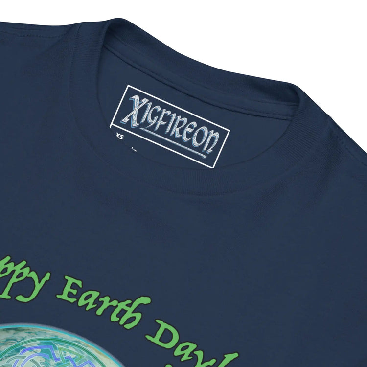 A close up view of a kids navy blue graphic t-shirt featuring the Sacred Planet iteration of the `Reach Of The Spirit` Celtic knot design under a message reading "Happy Earth Day".