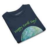 A folded kids navy blue graphic t-shirt featuring the Sacred Planet iteration of the `Reach Of The Spirit` Celtic knot design under a message reading "Happy Earth Day".