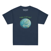 A kids navy blue graphic t-shirt featuring the Sacred Planet iteration of the `Reach Of The Spirit` Celtic knot design under a message reading "Happy Earth Day".