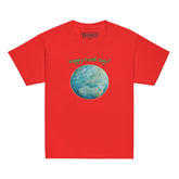 A kids red graphic t-shirt featuring the Sacred Planet iteration of the `Reach Of The Spirit` Celtic knot design under a message reading "Happy Earth Day".