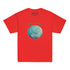 A kids red graphic t-shirt featuring the Sacred Planet iteration of the Reach Of The Spirit Celtic knot design under a message reading "Happy Earth Day".