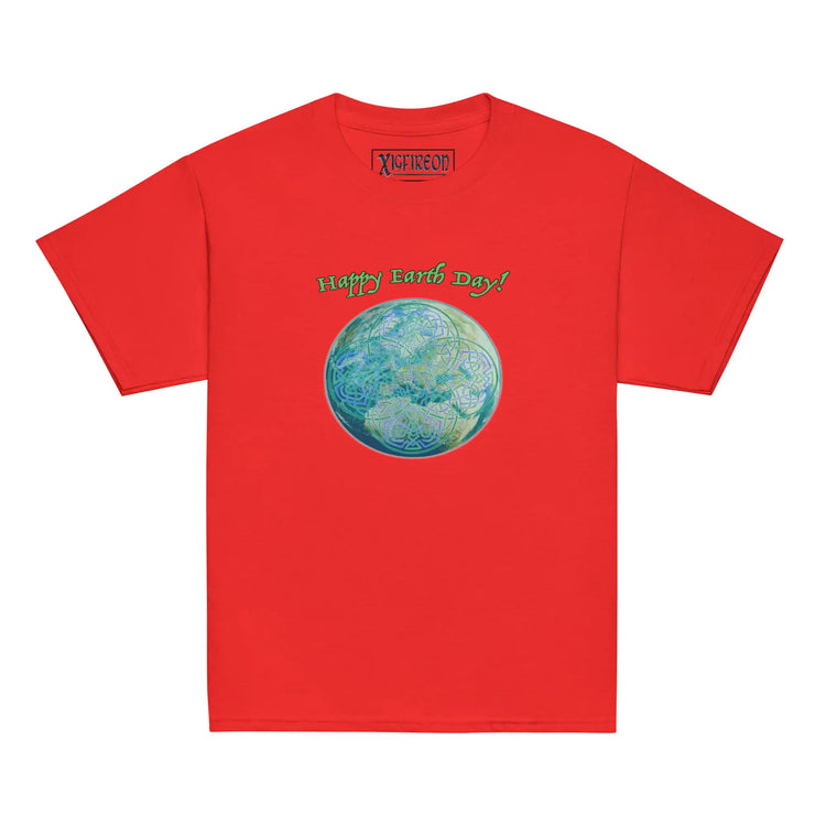 A kids red graphic t-shirt featuring the Sacred Planet iteration of the `Reach Of The Spirit` Celtic knot design under a message reading "Happy Earth Day".