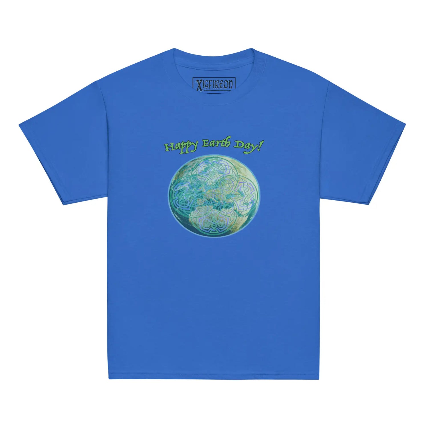 A kids royal blue graphic t-shirt featuring the Sacred Planet iteration of the `Reach Of The Spirit` Celtic knot design under a message reading "Happy Earth Day".