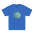 A kids royal blue graphic t-shirt featuring the Sacred Planet iteration of the Reach Of The Spirit Celtic knot design under a message reading "Happy Earth Day".