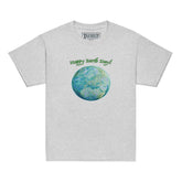 A kids sport grey graphic t-shirt featuring the Sacred Planet iteration of the `Reach Of The Spirit` Celtic knot design under a message reading "Happy Earth Day".