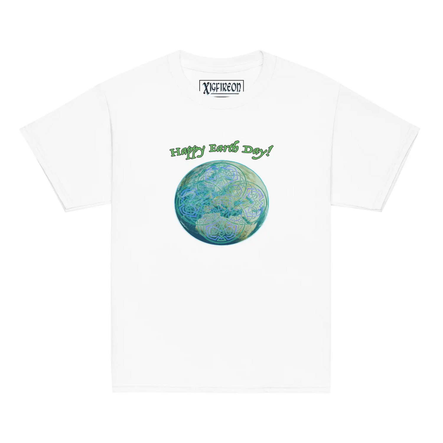 A kids white graphic t-shirt featuring the Sacred Planet iteration of the `Reach Of The Spirit` Celtic knot design under a message reading "Happy Earth Day".
