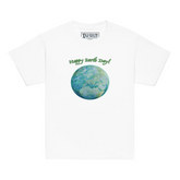 A kids white graphic t-shirt featuring the Sacred Planet iteration of the `Reach Of The Spirit` Celtic knot design under a message reading "Happy Earth Day".