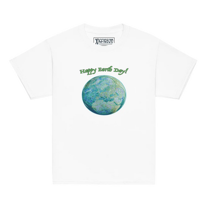 A kids white graphic t-shirt featuring the Sacred Planet iteration of the Reach Of The Spirit Celtic knot design under a message reading "Happy Earth Day".