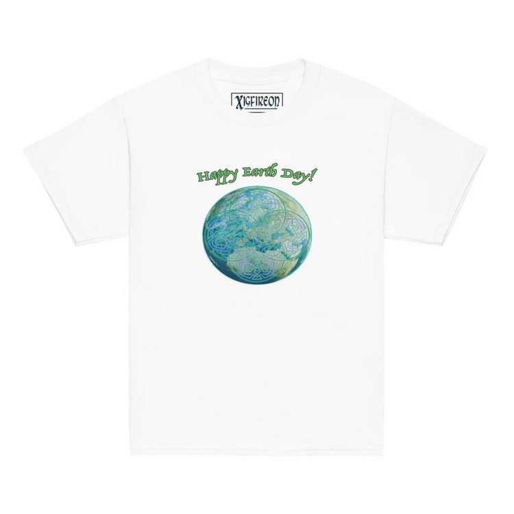 A kids white graphic t-shirt featuring the Sacred Planet iteration of the `Reach Of The Spirit` Celtic knot design under a message reading "Happy Earth Day".