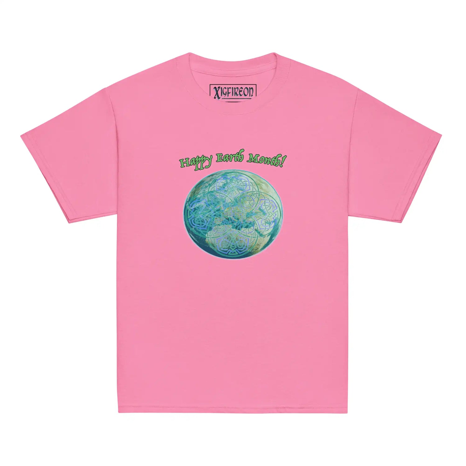 A kids azalea pink graphic t-shirt featuring the Sacred Planet iteration of the `Reach Of The Spirit` Celtic knot design under a message reading "Happy Earth Month".