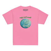 A kids azalea pink graphic t-shirt featuring the Sacred Planet iteration of the `Reach Of The Spirit` Celtic knot design under a message reading "Happy Earth Month".