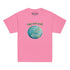 A kids azalea pink graphic t-shirt featuring the Sacred Planet iteration of the Reach Of The Spirit Celtic knot design under a message reading "Happy Earth Month".