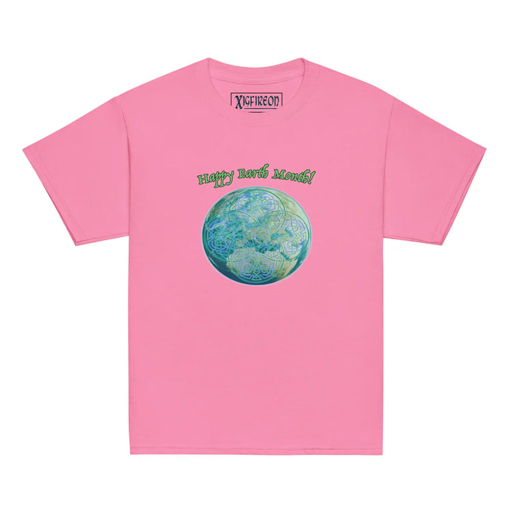 A kids azalea pink graphic t-shirt featuring the Sacred Planet iteration of the `Reach Of The Spirit` Celtic knot design under a message reading "Happy Earth Month".