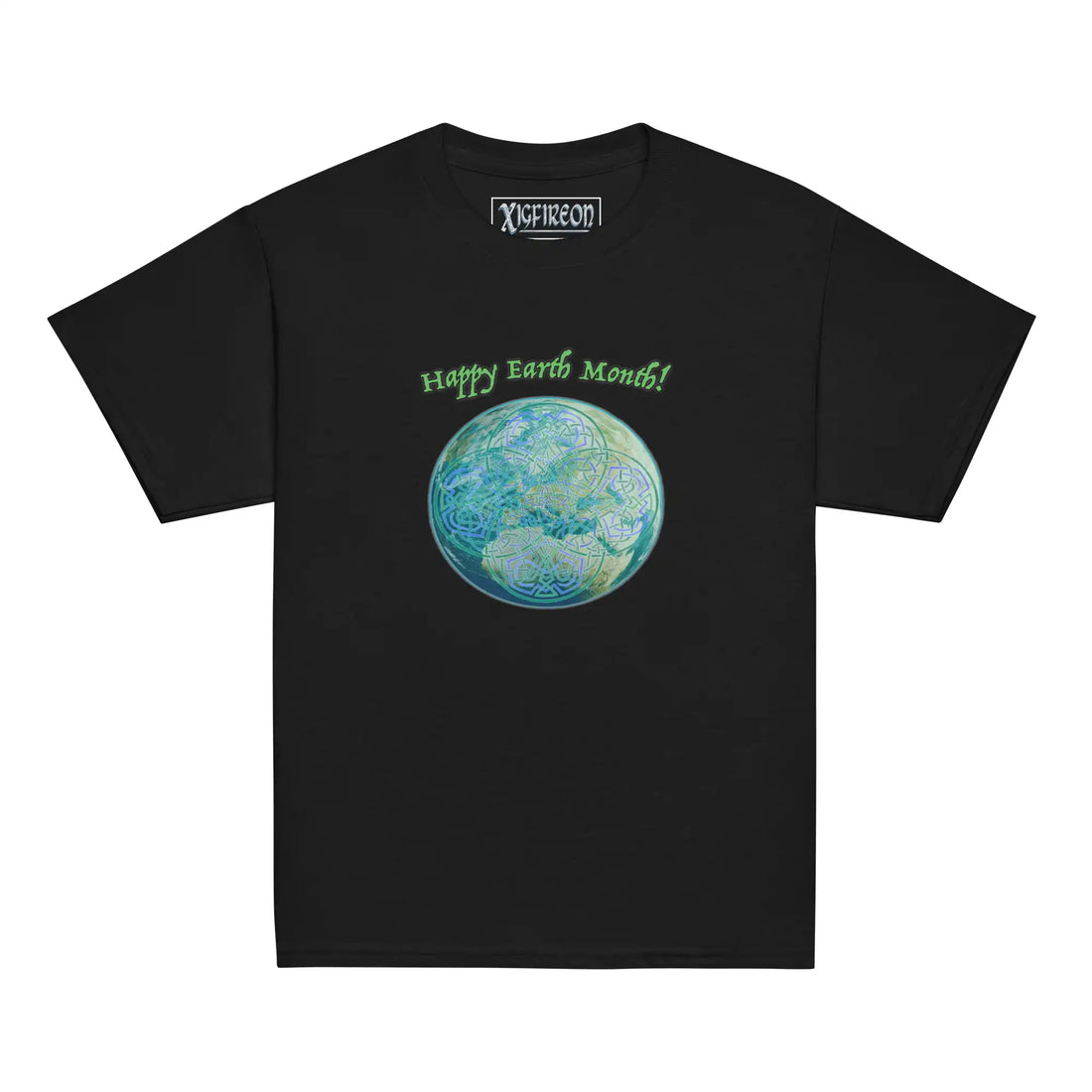 A kids black graphic t-shirt featuring the Sacred Planet iteration of the Reach Of The Spirit Celtic knot design under a message reading "Happy Earth Month".