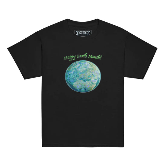 A kids black graphic t-shirt featuring the Sacred Planet iteration of the `Reach Of The Spirit` Celtic knot design under a message reading "Happy Earth Month".