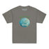 A kids charcoal grey graphic t-shirt featuring the Sacred Planet iteration of the Reach Of The Spirit Celtic knot design under a message reading "Happy Earth Month".