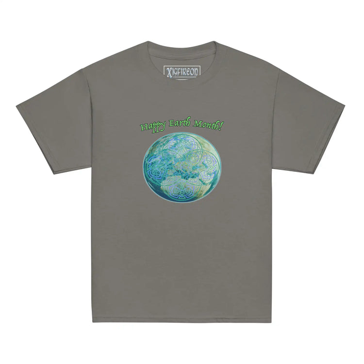 A kids charcoal grey graphic t-shirt featuring the Sacred Planet iteration of the `Reach Of The Spirit` Celtic knot design under a message reading "Happy Earth Month".