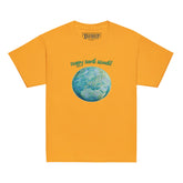 A kids gold graphic t-shirt featuring the Sacred Planet iteration of the `Reach Of The Spirit` Celtic knot design under a message reading "Happy Earth Month".