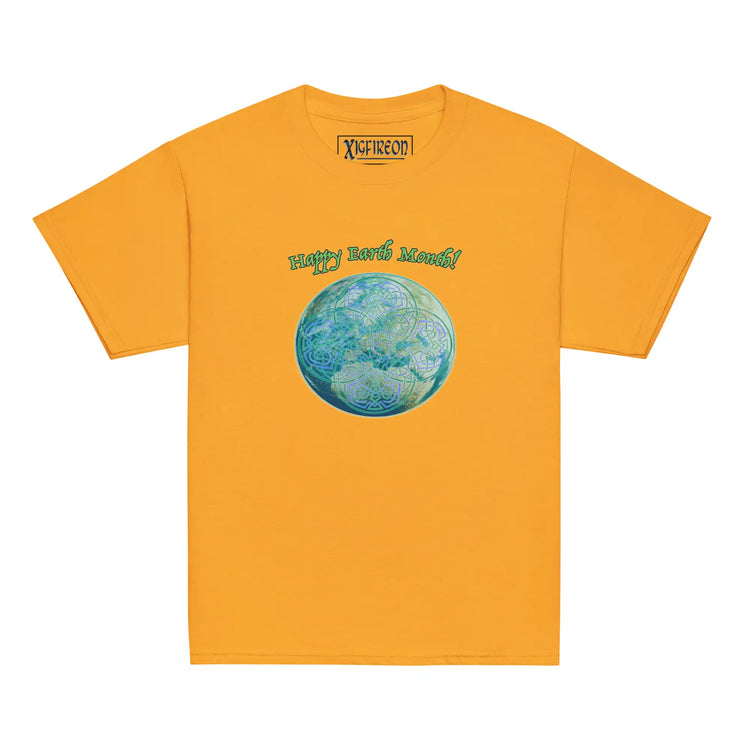 A kids gold graphic t-shirt featuring the Sacred Planet iteration of the `Reach Of The Spirit` Celtic knot design under a message reading "Happy Earth Month".