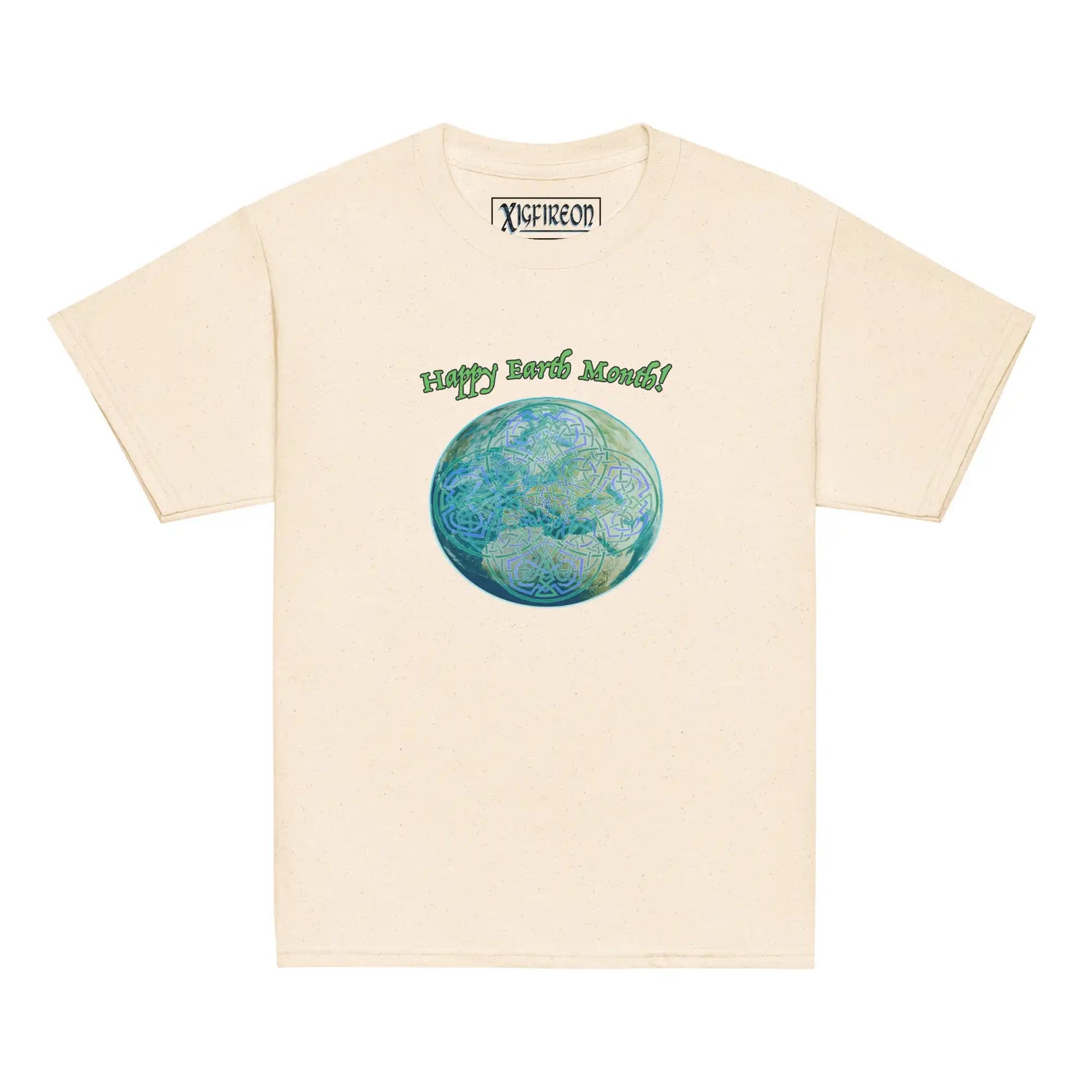 A kids natural colored graphic t-shirt featuring the Sacred Planet iteration of the `Reach Of The Spirit` Celtic knot design under a message reading "Happy Earth Month".