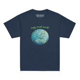 A kids navy blue graphic t-shirt featuring the Sacred Planet iteration of the `Reach Of The Spirit` Celtic knot design under a message reading "Happy Earth Month".