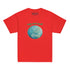 A kids red graphic t-shirt featuring the Sacred Planet iteration of the Reach Of The Spirit Celtic knot design under a message reading "Happy Earth Month".