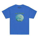 A kids royal blue graphic t-shirt featuring the Sacred Planet iteration of the `Reach Of The Spirit` Celtic knot design under a message reading "Happy Earth Month".