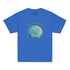 A kids royal blue graphic t-shirt featuring the Sacred Planet iteration of the Reach Of The Spirit Celtic knot design under a message reading "Happy Earth Month".