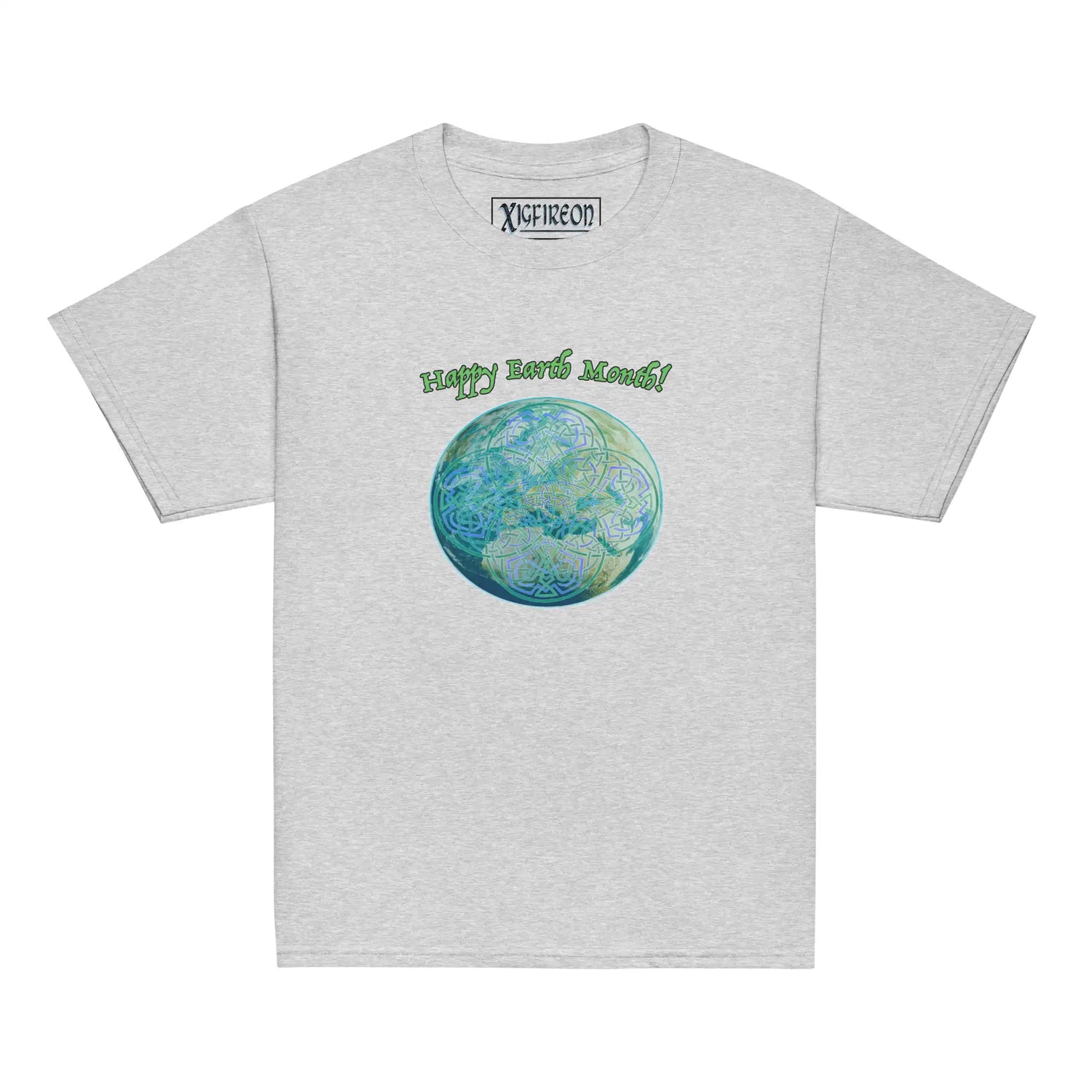 A kids sport grey graphic t-shirt featuring the Sacred Planet iteration of the `Reach Of The Spirit` Celtic knot design under a message reading "Happy Earth Month".