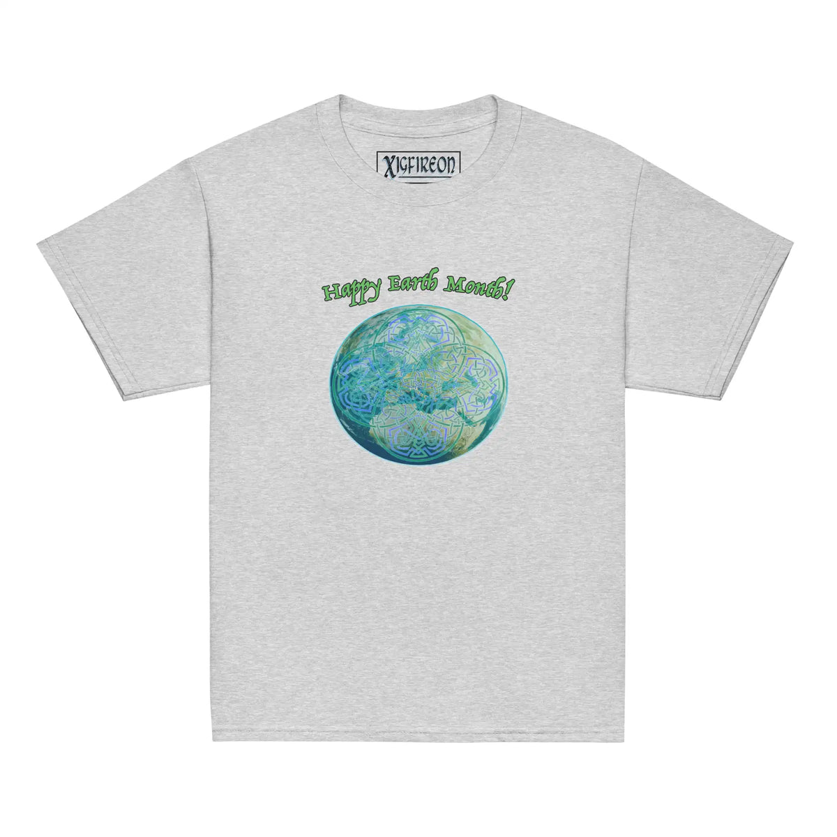 A kids sport grey graphic t-shirt featuring the Sacred Planet iteration of the Reach Of The Spirit Celtic knot design under a message reading "Happy Earth Month".