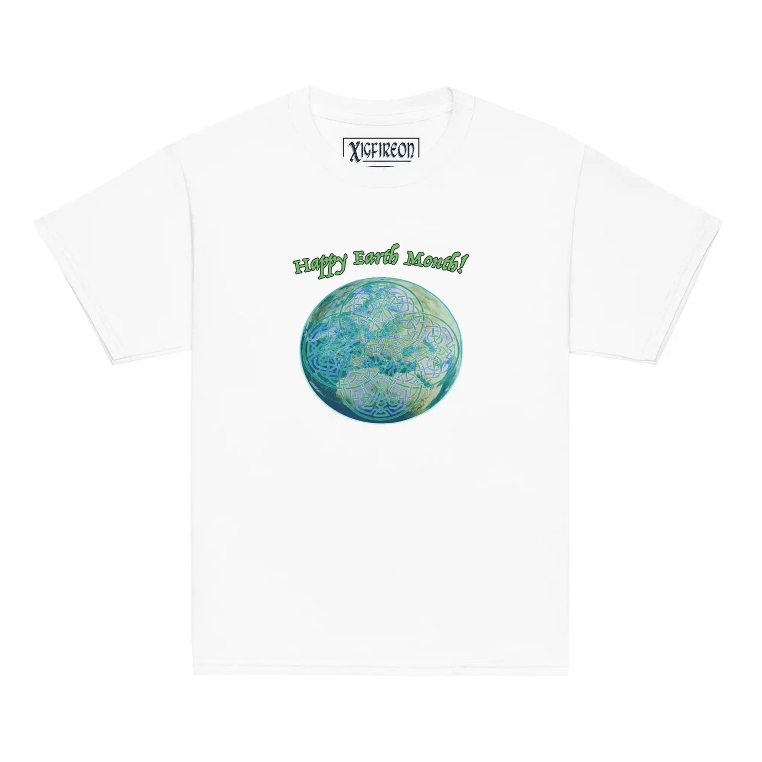 A kids white graphic t-shirt featuring the Sacred Planet iteration of the `Reach Of The Spirit` Celtic knot design under a message reading "Happy Earth Month".