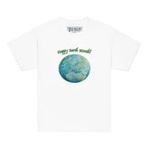 A kids white graphic t-shirt featuring the Sacred Planet iteration of the `Reach Of The Spirit` Celtic knot design under a message reading "Happy Earth Month".