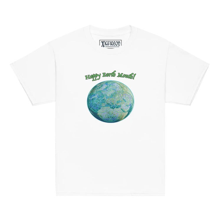 A kids white graphic t-shirt featuring the Sacred Planet iteration of the `Reach Of The Spirit` Celtic knot design under a message reading "Happy Earth Month".