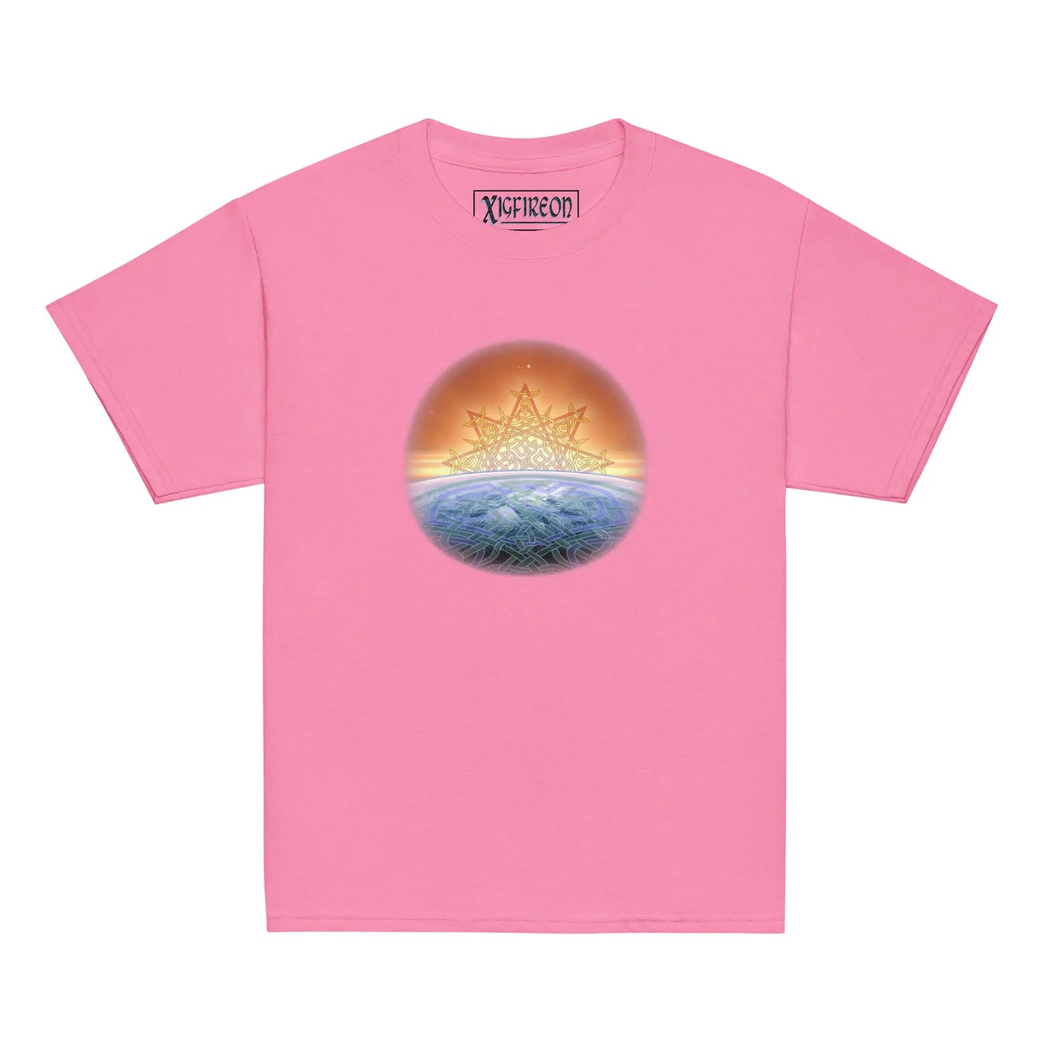 An azalea pink Xigfireon kids graphic t-shirt featuring the `Derivation II` Celtic knot merger design symbolizing the Sun and the Earth in their cosmic dance.