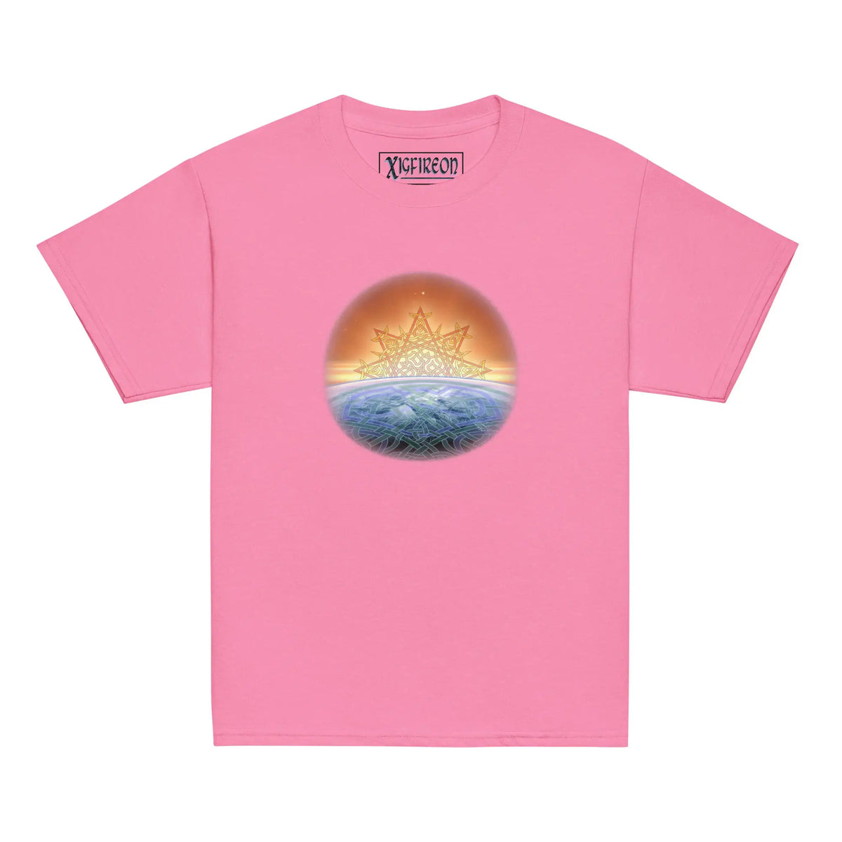 An azalea pink Xigfireon kids graphic t-shirt featuring the Derivation II Celtic knot merger design symbolizing the Sun and the Earth in their cosmic dance.
