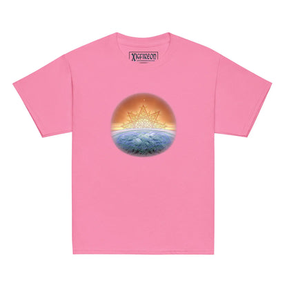 An azalea pink Xigfireon kids graphic t-shirt featuring the Derivation II Celtic knot merger design symbolizing the Sun and the Earth in their cosmic dance.
