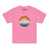 An azalea pink Xigfireon kids graphic t-shirt featuring the Derivation II Celtic knot merger design symbolizing the Sun and the Earth in their cosmic dance.