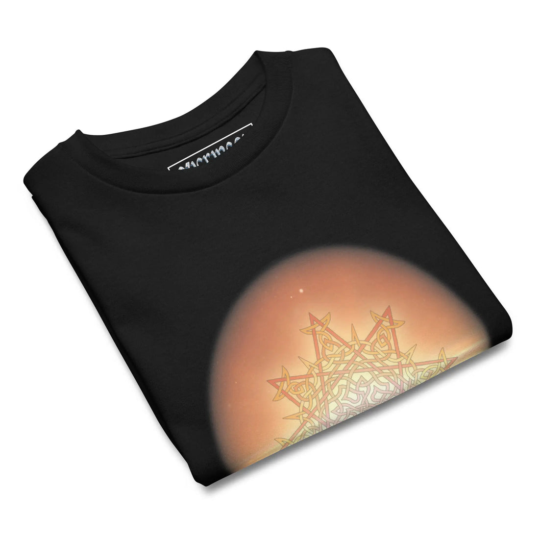 A folded black Xigfireon kids graphic t-shirt featuring the Derivation II Celtic knot merger design symbolizing the Sun and the Earth in their cosmic dance.