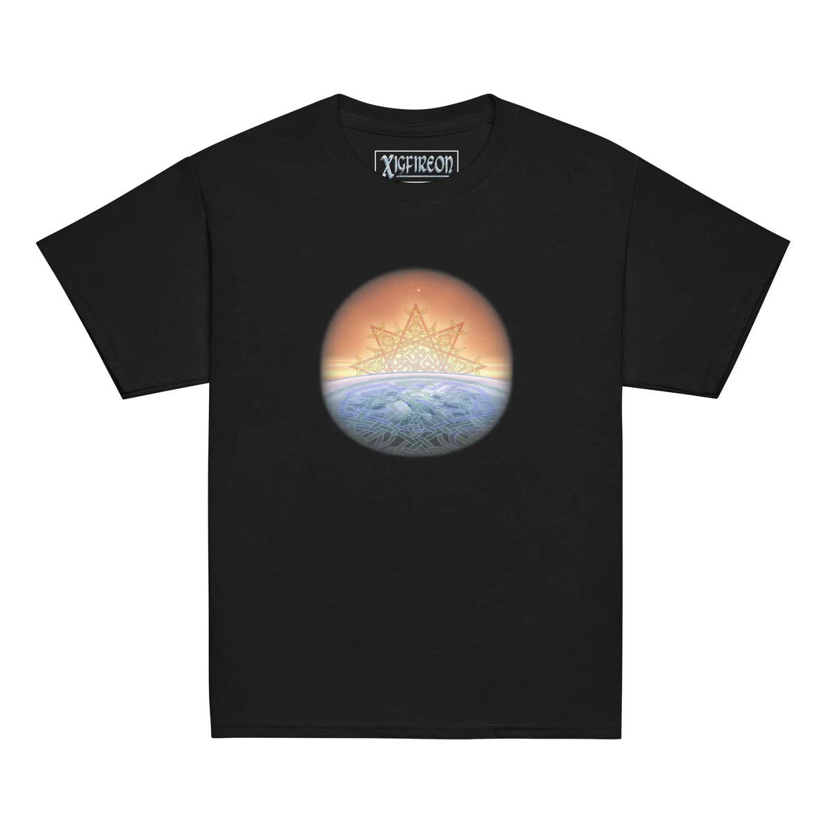 A black Xigfireon kids graphic t-shirt featuring the Derivation II Celtic knot merger design symbolizing the Sun and the Earth in their cosmic dance.