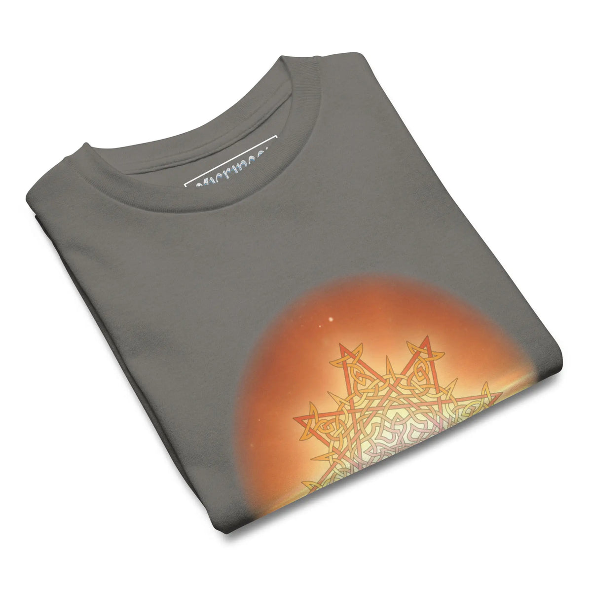 A folded charcoal grey Xigfireon kids graphic t-shirt featuring the Derivation II Celtic knot merger design symbolizing the Sun and the Earth in their cosmic dance.