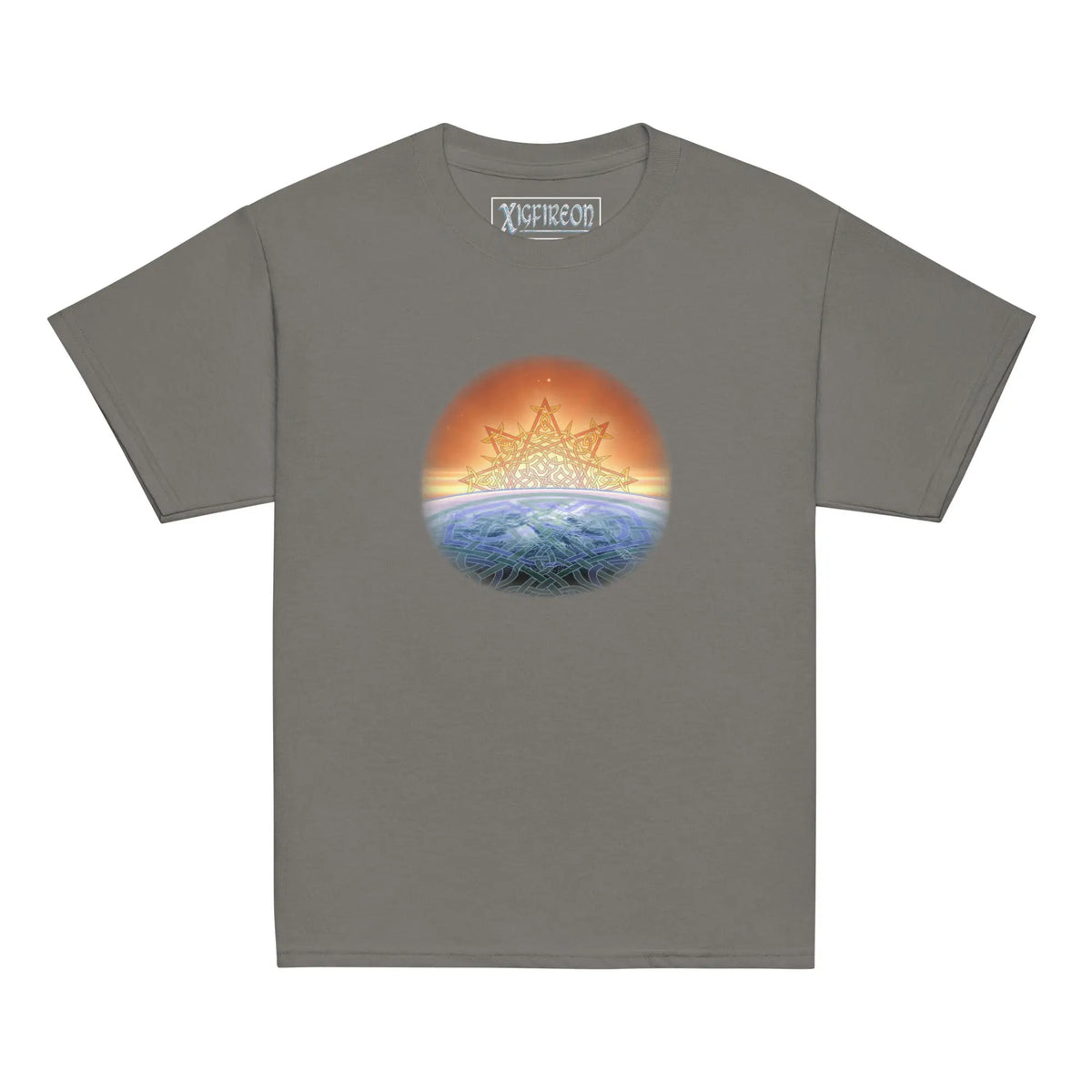 A charcoal grey Xigfireon kids graphic t-shirt featuring the Derivation II Celtic knot merger design symbolizing the Sun and the Earth in their cosmic dance.