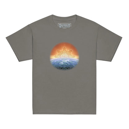 A charcoal grey Xigfireon kids graphic t-shirt featuring the Derivation II Celtic knot merger design symbolizing the Sun and the Earth in their cosmic dance.