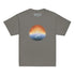 A charcoal grey Xigfireon kids graphic t-shirt featuring the Derivation II Celtic knot merger design symbolizing the Sun and the Earth in their cosmic dance.