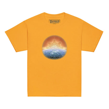 A gold Xigfireon kids graphic t-shirt featuring the Derivation II Celtic knot merger design symbolizing the Sun and the Earth in their cosmic dance.