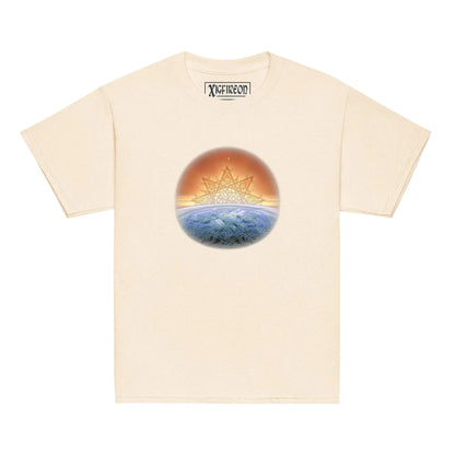 A natural Xigfireon kids graphic t-shirt featuring the Derivation II Celtic knot merger design symbolizing the Sun and the Earth in their cosmic dance.