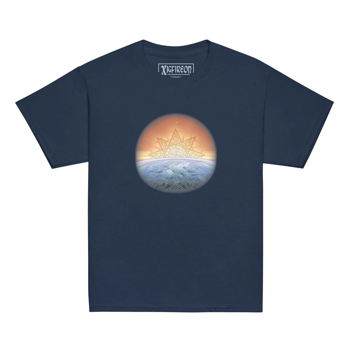 A navy blue Xigfireon kids graphic t-shirt featuring the Derivation II Celtic knot merger design symbolizing the Sun and the Earth in their cosmic dance.